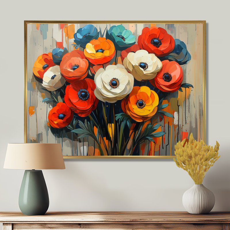 «Vibrant Garden of Ranunculus Flowers V», art sur toile Renoncule, H 30 po x l 40 po, Doré, Floater Framed