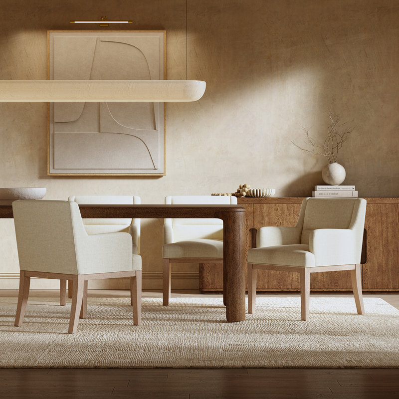 Noble 32.5" Tall Solid Wood Legs Upholstered Dining Chair Set with Gently Curved Arms, Linen