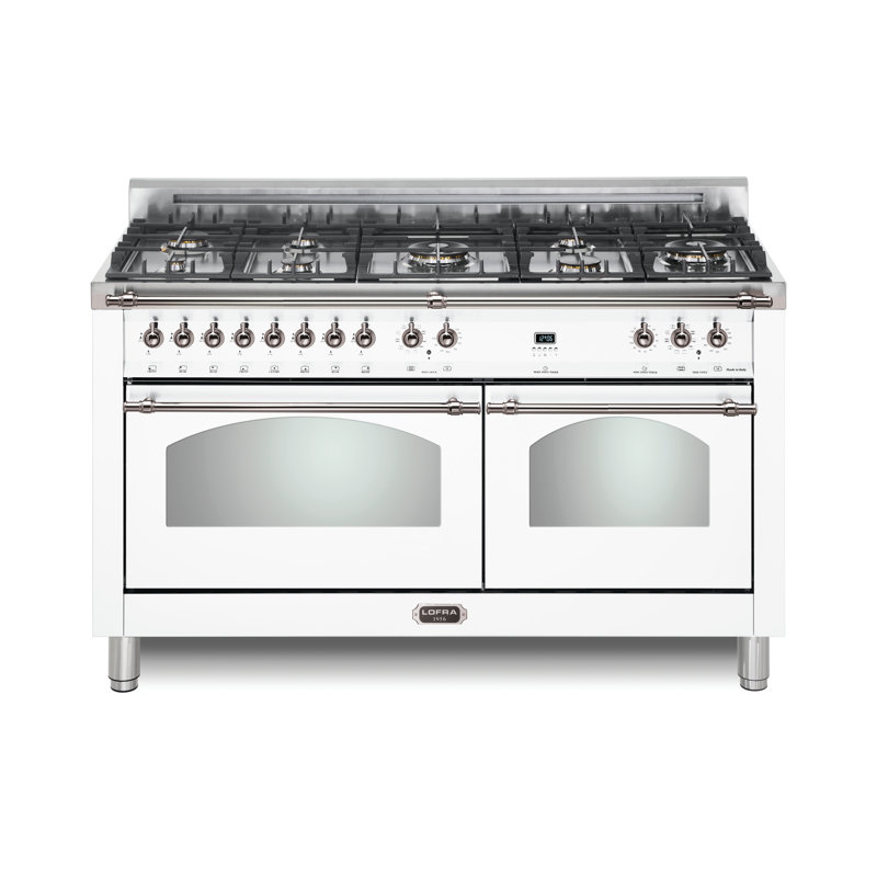Cuisinière à double combustible 60 pouces avec 8 brûleurs en laiton scellés Lofra Dolcevita Series, Blanc / Chrome