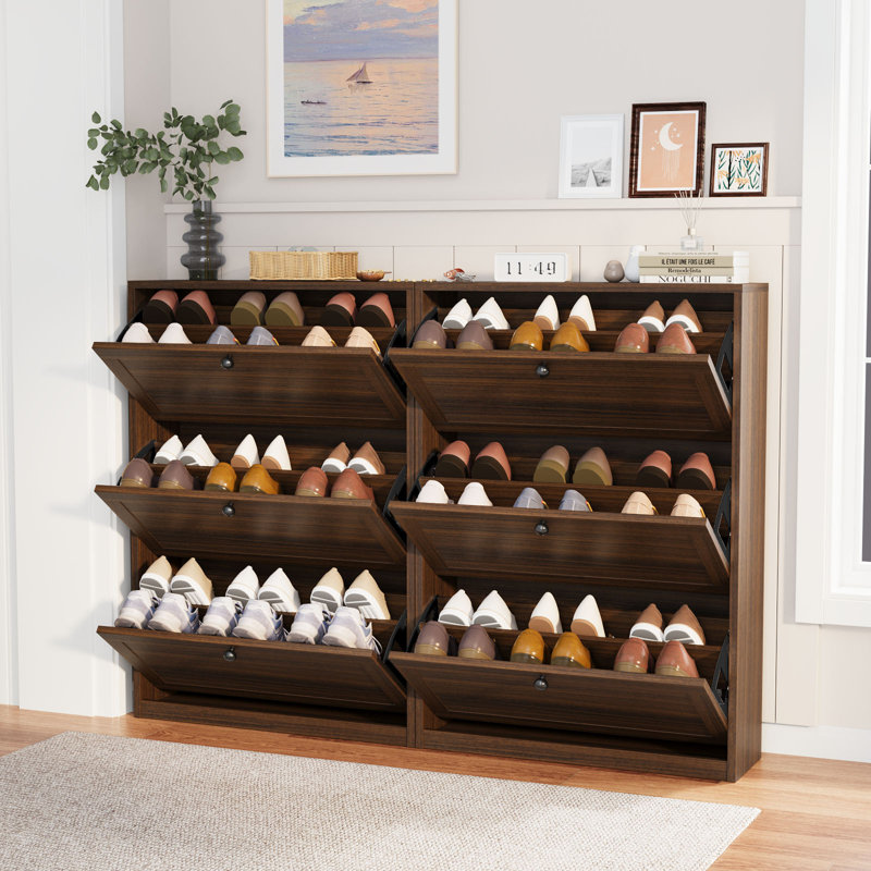 Lasherrie Shoe Storage Cabinet with 3 Flip Drawers, Walnut