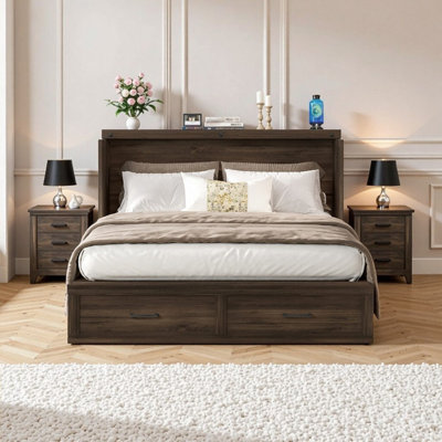 Queen Size Farmhouse Murphy Cabinet Bed With Foldable Platform Storage Drawer & Charging Station