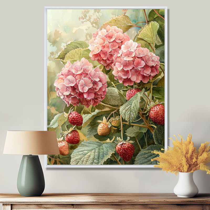 Hydrangeas in the Strawberry Patch - Hydrangea Wall Art, Reproduction encadrée sans passe-partout, H 20 po x l 12 po, Blanc