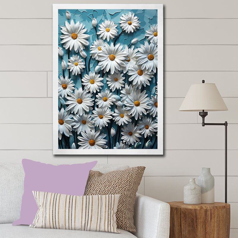 «White Daisy Meadow Elegance III», reproduction sur toile, Cadre simple blanc, H 20 po x l 12 po x P 1 po