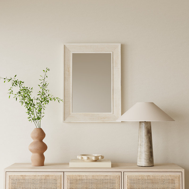 Rectangle Wood Framed Wall Mirror with Rattan Detail