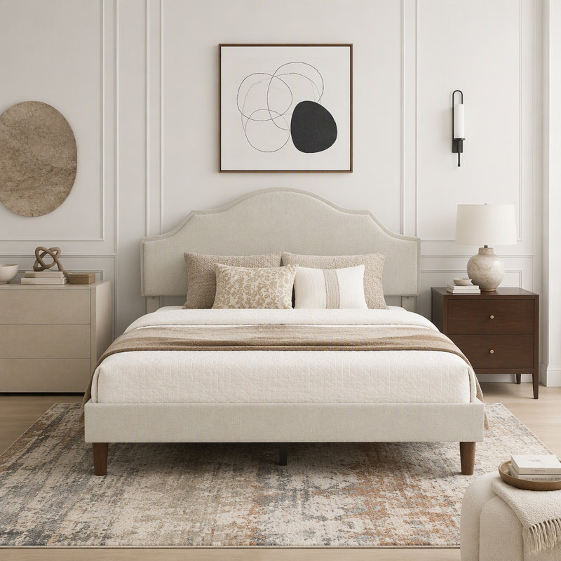 Upholstered Platform Bed with Adjustable Headboard,Linen Fabric Padded, Beige, Queen