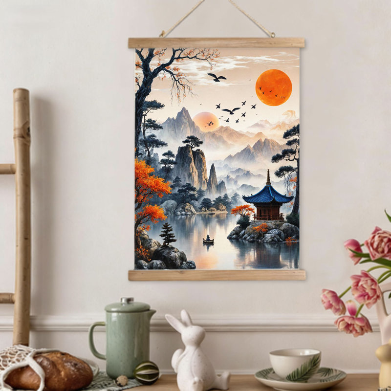 Pavillon d'automne, lac suspendu, art mural, 16 x 24