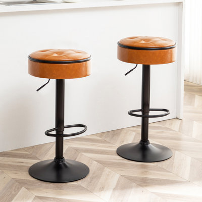 Round Storage Bar Stool Set Of 2, Khaki Faux Leather Height Adjustable Barstool, 360°Counter Height Swivel Stool, Armless Bar Chair With Metal Frame F -  George Oliver, 6AD9B5A60BE94D87BF8070C3109F9486