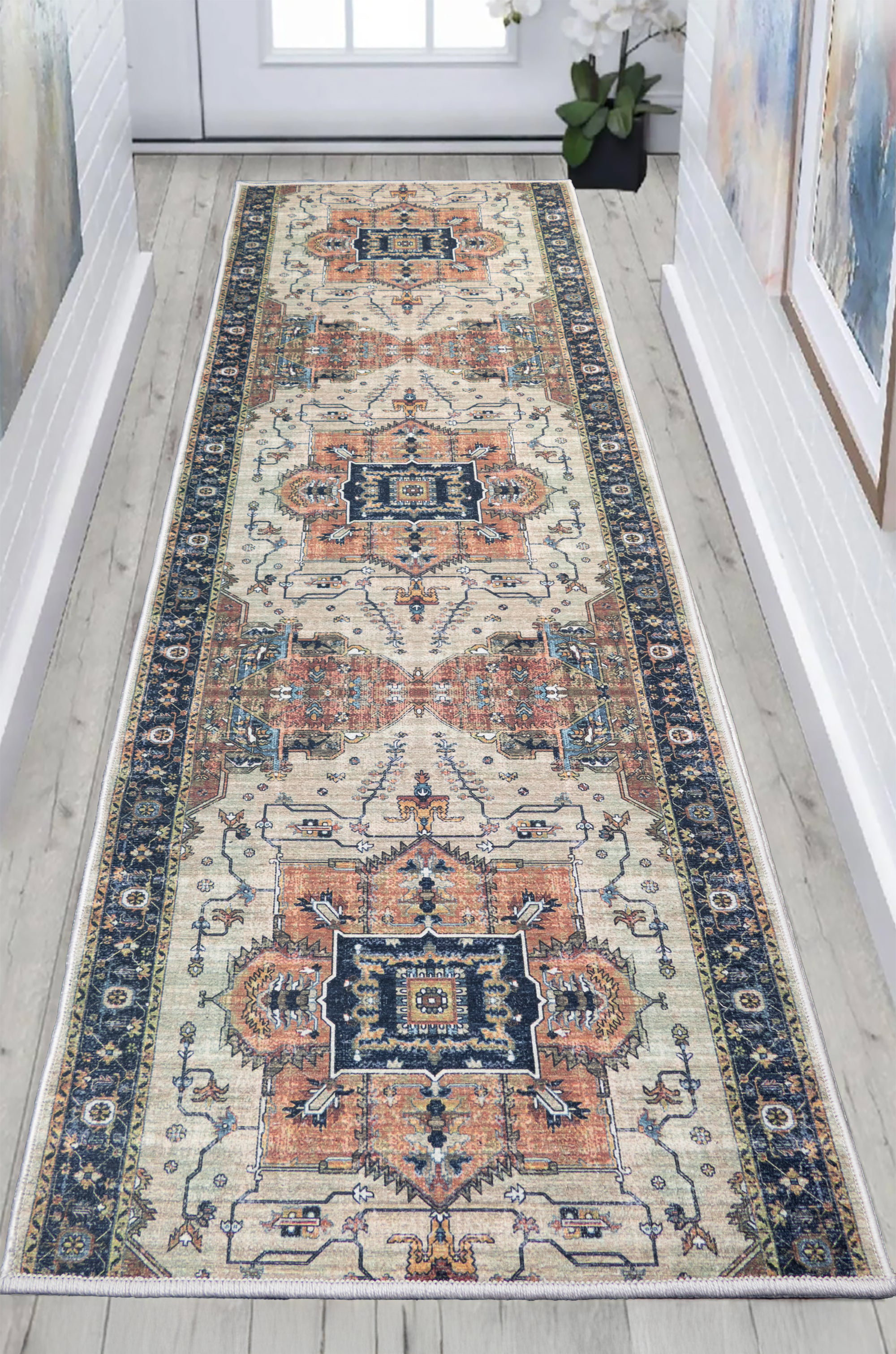 Low Profile Blue Rug Bungalow Rose Custom Size Anti Slip Low Profile Medallion Blue Runner ...