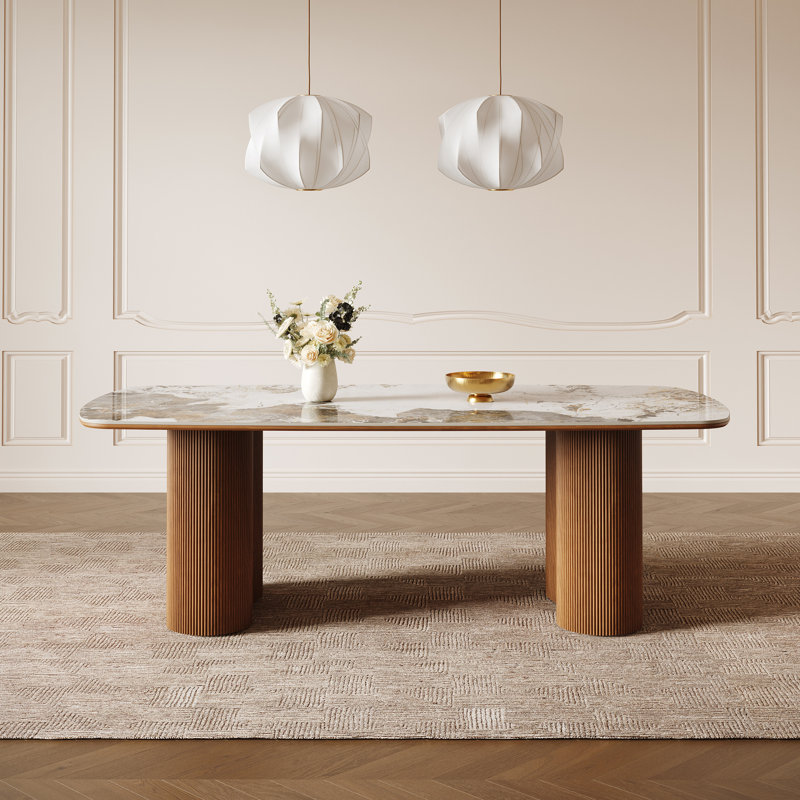 Table de salle à manger en pierre frittée de 78,7 po avec socle en bois massif Iris , Pandora brillant