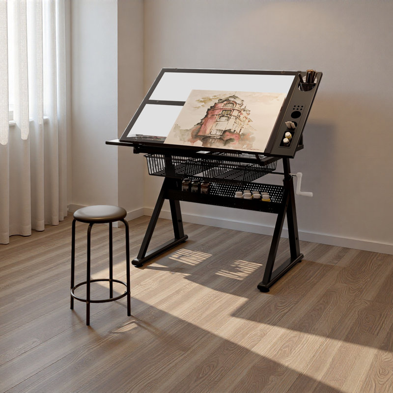 Hand Crank Adjustable Tempered Glass Drafting Drawing And Printing Table With Chair And Storage Space For Living Room, Study, Bedroom