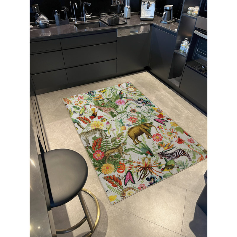 Multi-Coloured Forest-Themed Flower, Elephant, and Tiger Patterned Creative Modern Decorative Rug, Rectangle 3'3" x 6'6"
