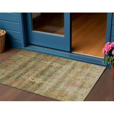 Tapis intérieur/extérieur lavable, 90 x 150 cm, motif floral vert artichaut et rouille