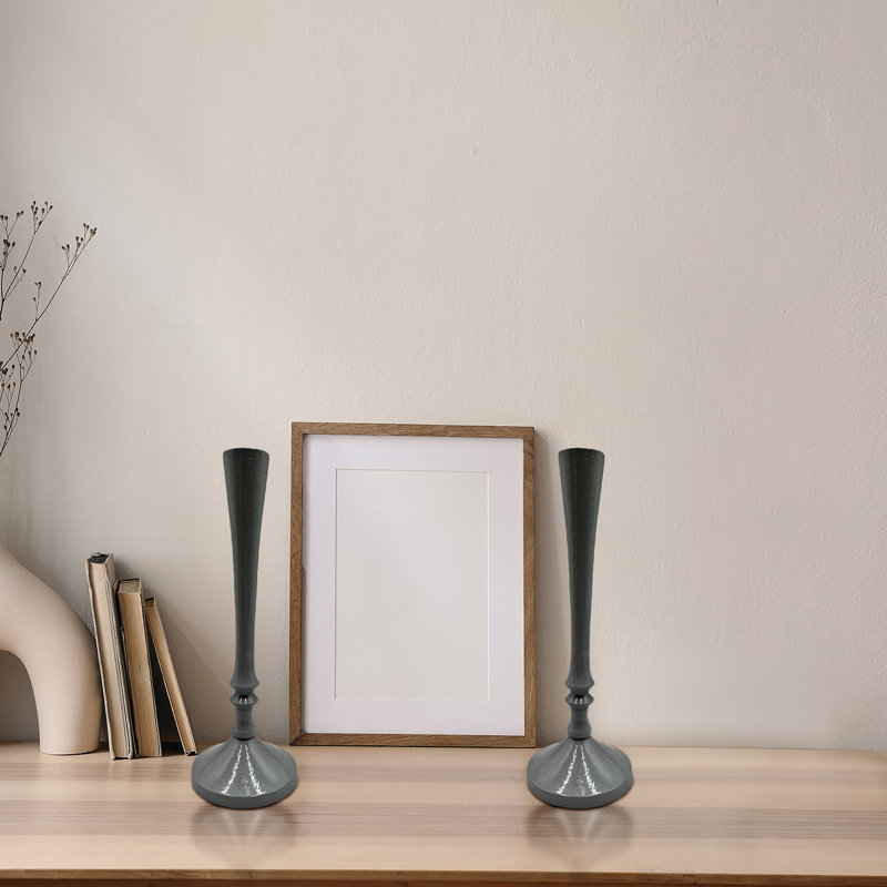 9.5" H Aluminum Tabletop Candlesticks – Modern Decorative Candle Holders, Gray
