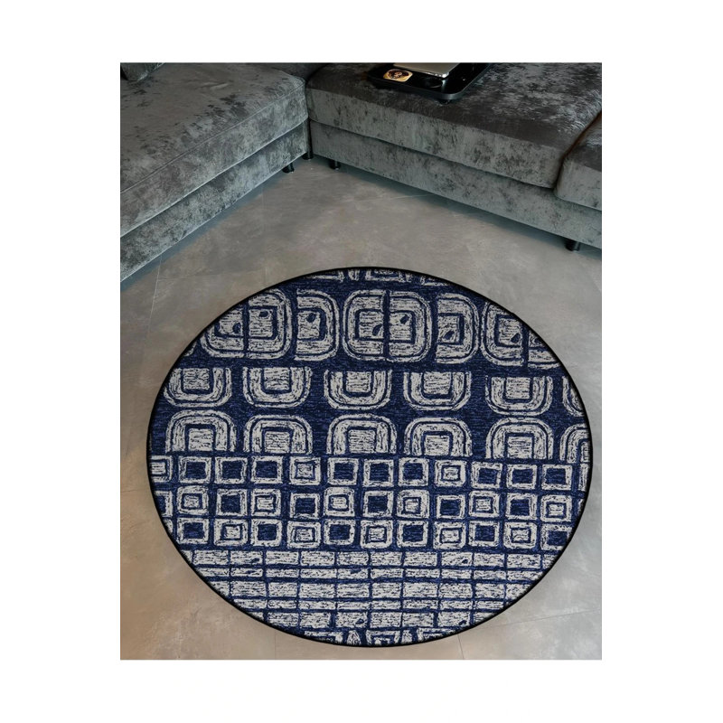 Tapis décoratif moderne à motif géométrique bleu marine, Rond 3 pi 4 po