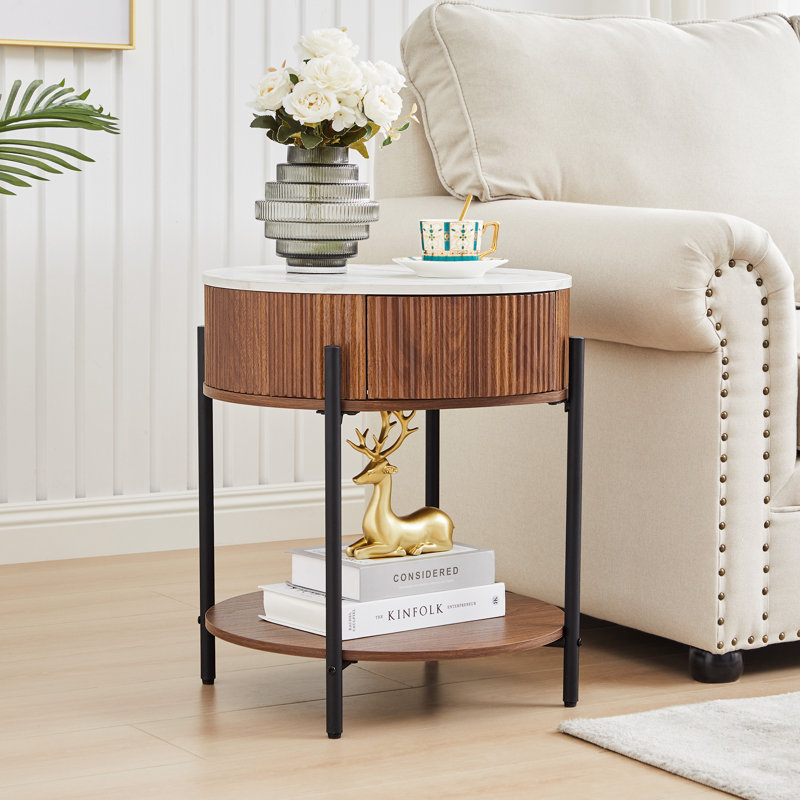 Marble Round End Table With Storage, Walnut, 1