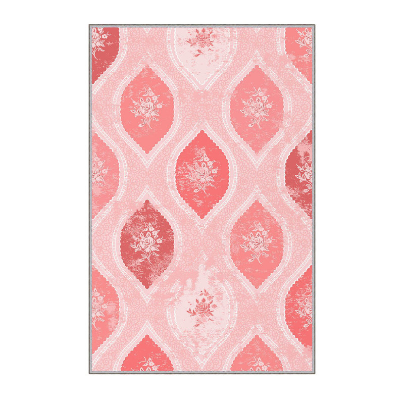 Tapis rose / rouge en polyester tissé à plat à la machine, Rectangle 5 pi 3 po x 7 pi 7 po