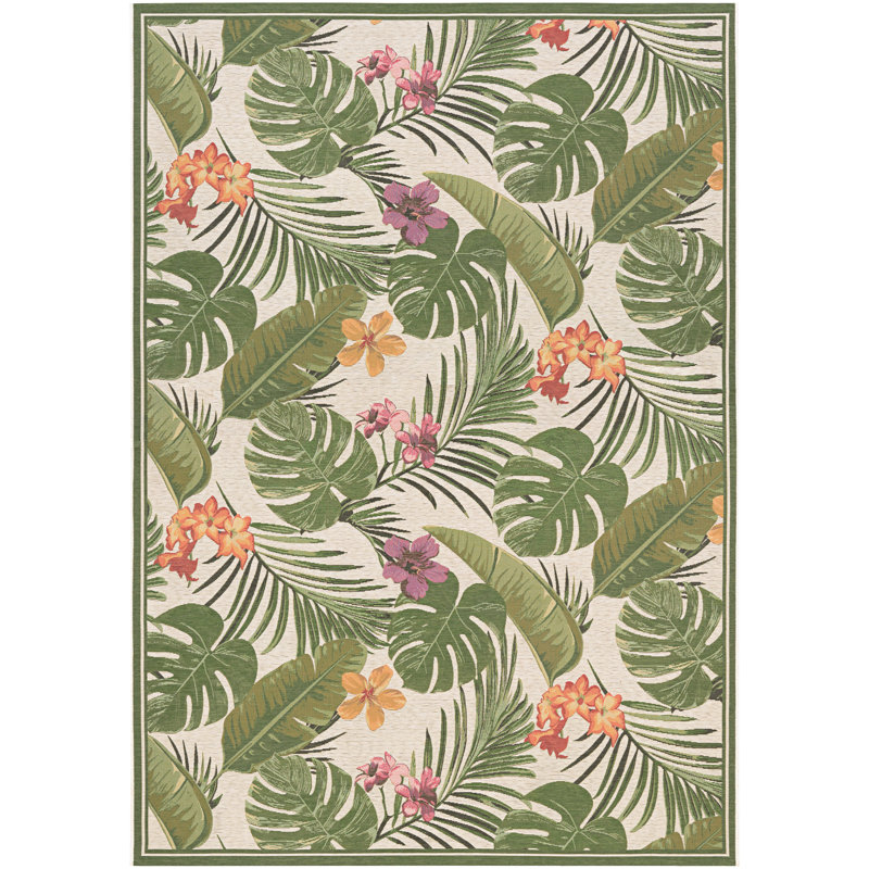 Tapis d'intérieur / extérieur ivoire / vert forêt à motif floral Mayshar, Rectangle 5 pi 3 po x 7 pi 6 po