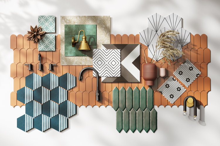 Samples of rustic muted colored tiles including terracotta colored tiles and patterned tiles