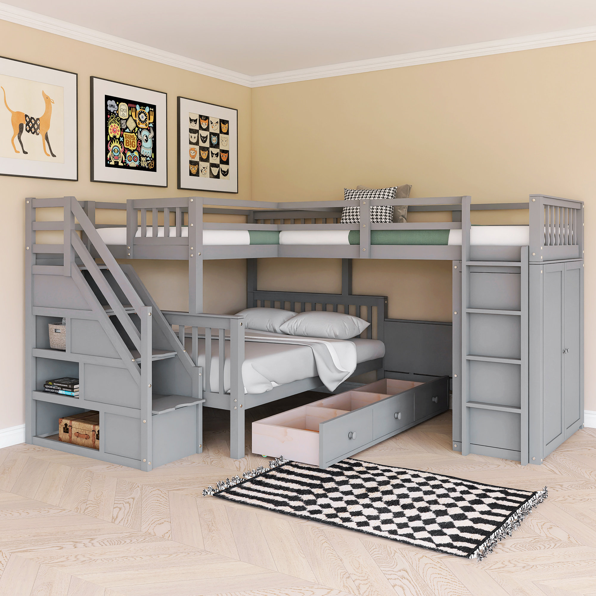 Harriet Bee Twin And Twin Over Full L-Shaped Bunk Bed With 3 Drawers ...