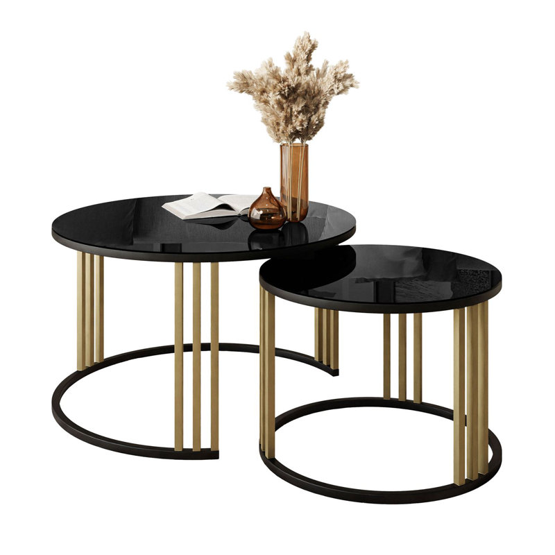 Downey 2 Piece Coffee Table, Black Glass, Black/Gold