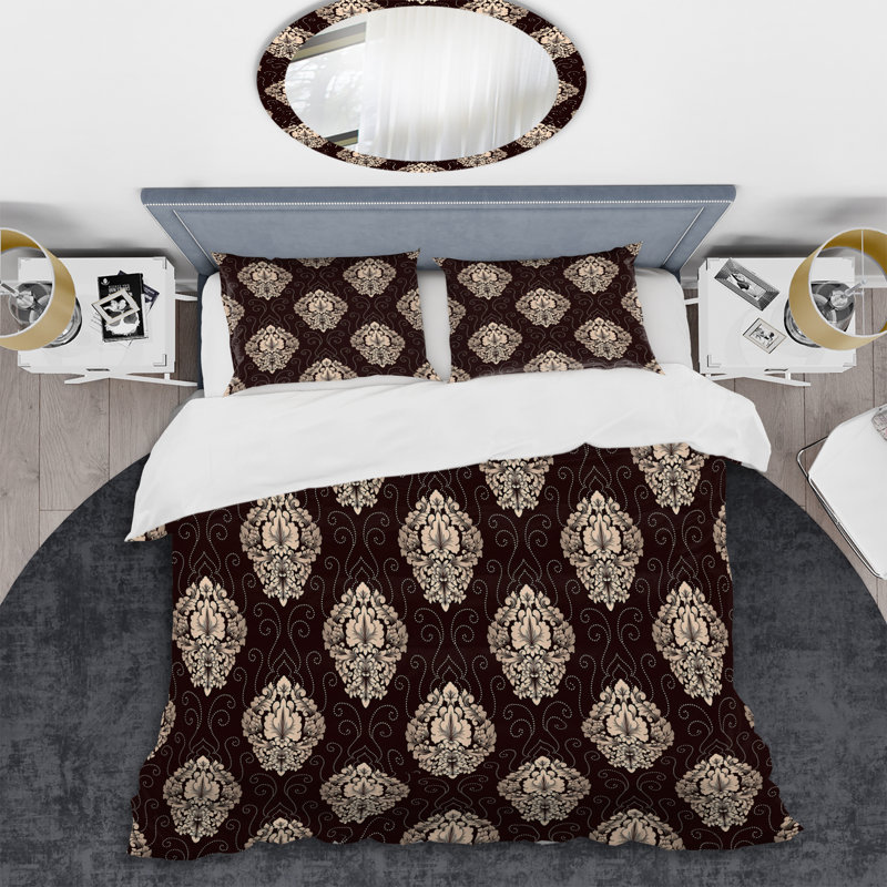 Brown Damask Polyester Damask Duvet Cover, King Duvet Cover + 2 King Shams