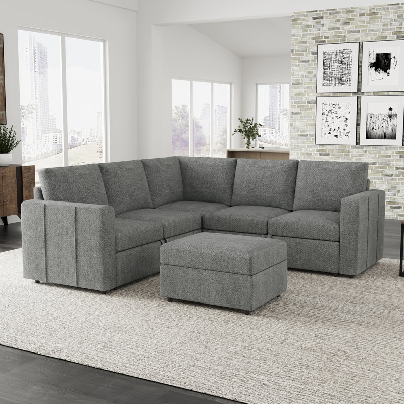 Aubade L-Shaped Modular Storage Sofa Set, Light Gray Chenille