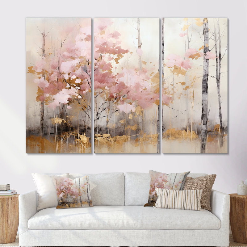 Minimalism Pink And Gold Forest - Forest Canvas Wall Art Set, 60" H x 84" W x 1.5" D, Wrapped Canvas