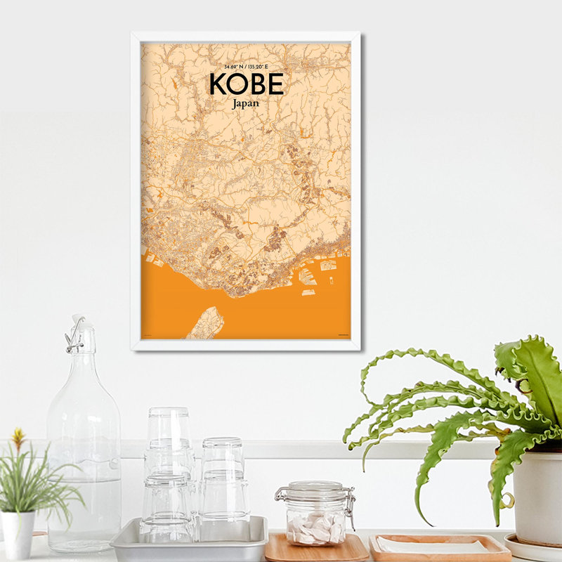 Kobe City Map, impression, Orange / or pâle, H 27,6 po x l 19,7 po