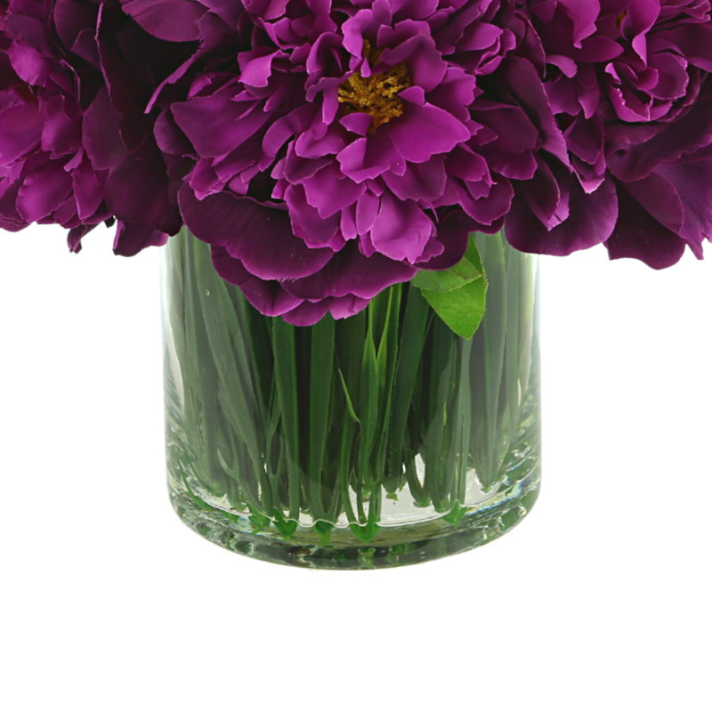 Peony Arrangement in Glass Vase with Grass, Purple