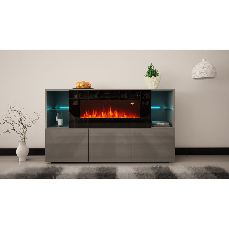 Camberlynn 63" Sideboard with Electric Fireplace, High Gloss Finish, Graphite Gray