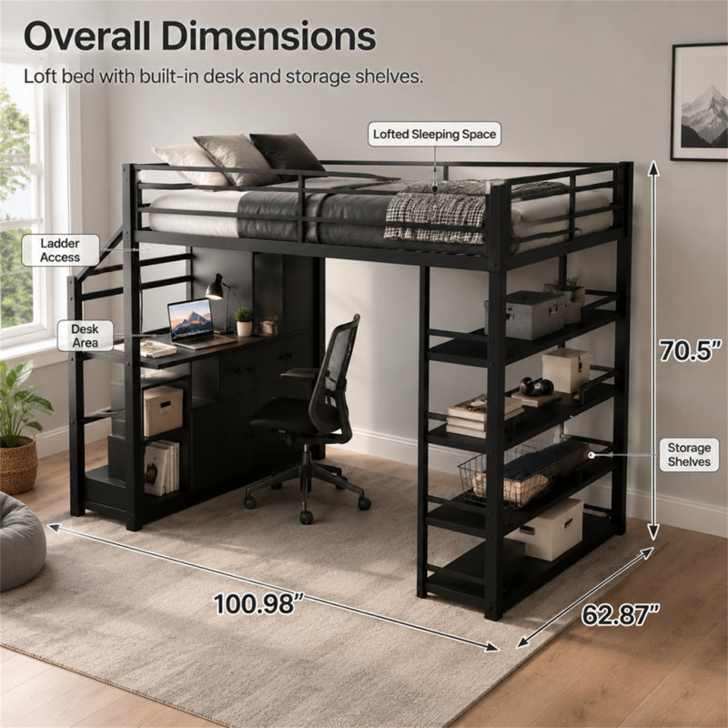 Grand lit mezzanine en métal avec rangement, tablettes, armoires et garde-robe