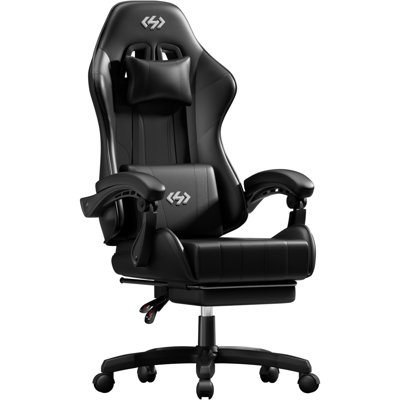 Gaming Chair, Ergonomic Computer Office Chair with Lumbar Support Footrest Headrest, Adjustable Height & Backrest Angle Video Gamer Chair, PU Leather, 360° Swivel, Adult, Black