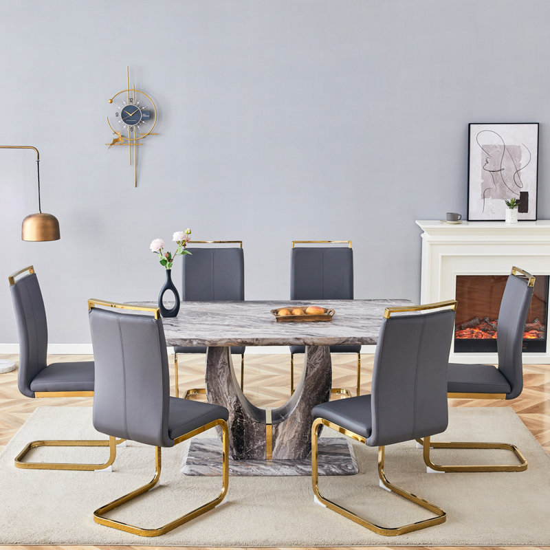 Ensemble de table de salle à manger moderne 63 po avec chaises en cuir de polyuréthane, base en panneau de fibres à densité moyenne en U