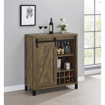 Armoire-bar rustique en chêne à porte coulissante pour salle à manger, porte-verres à pied et huit bouteilles