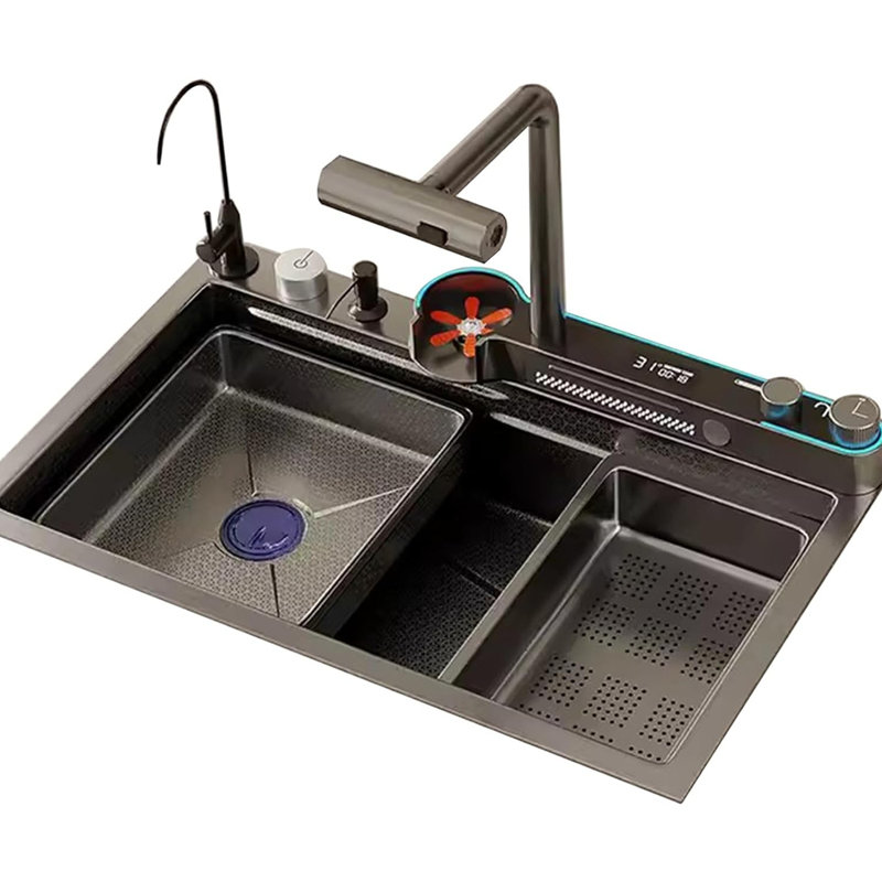 3Starz Kitchen Sink Digital Display Embossed Large Single Groove 304 Stainless Steel Nano Black Raindance Waterfall Sink With Pressurized Cup Washer And Two Waterfalls