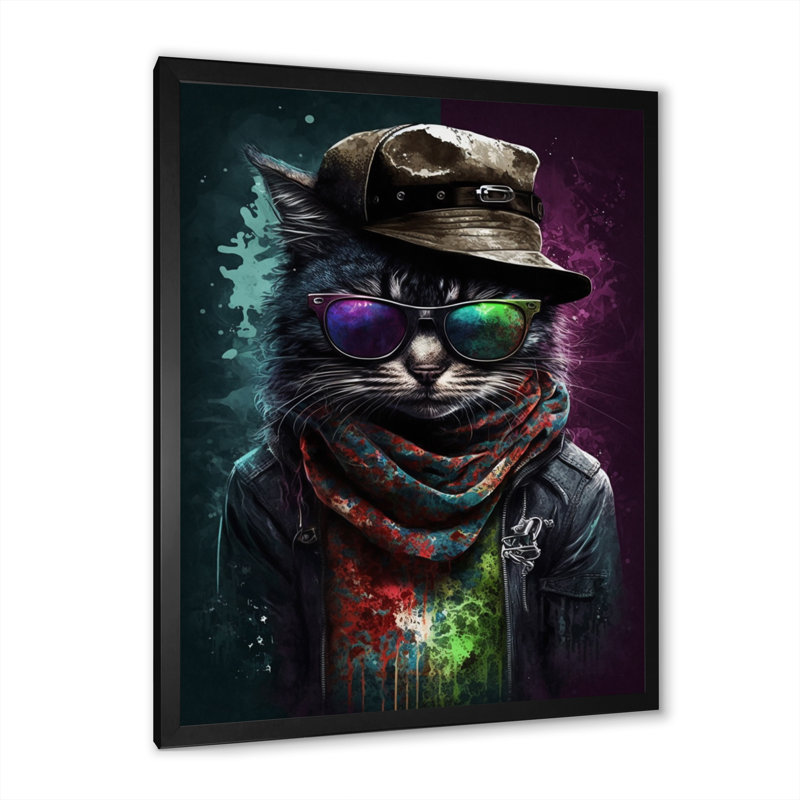 Art mural sur toile Cool Cat avec lunettes de soleil et chapeau II, L 24 po x H 32 po, Impression noire sur toile encadrée