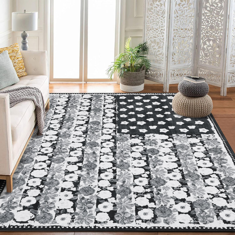 Tapis lavables floraux antidérapants Boho, Noir, Rectangle 6 pi x 9 pi