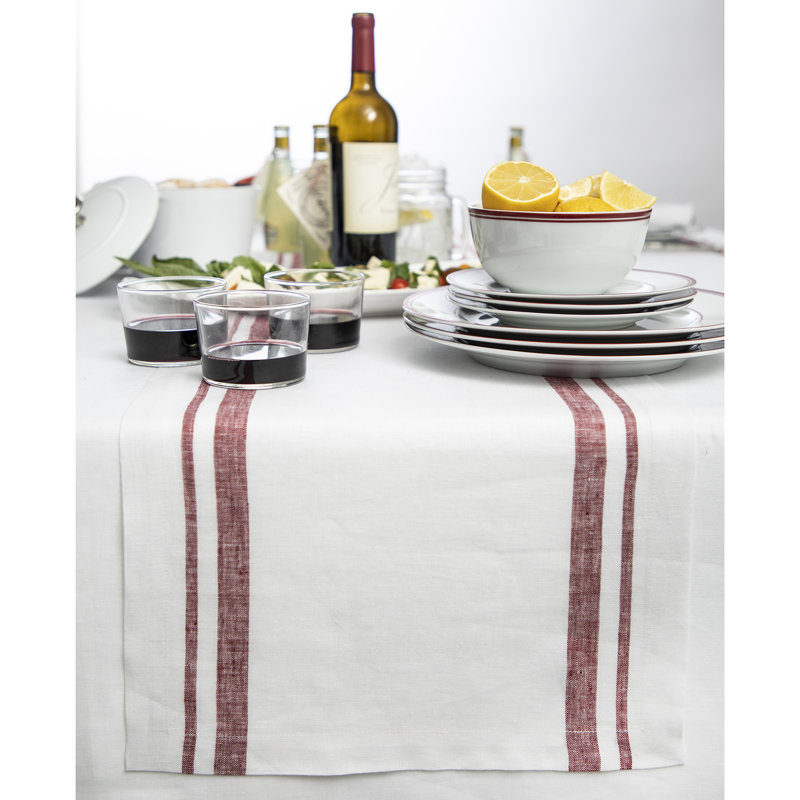 French Stripe - 100% Pure Linen Table Runner, 90" x 14", Burgundy/White