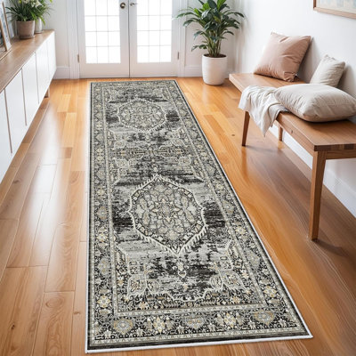 Washable Entryway Rug: Farmhouse Kitchen Hallway Rug Wide Soft Water Resistant Floor Mat for Bathroom Nursery Non Slip Indoor Carpet for Living Room Bedroom Dining Room(Black)