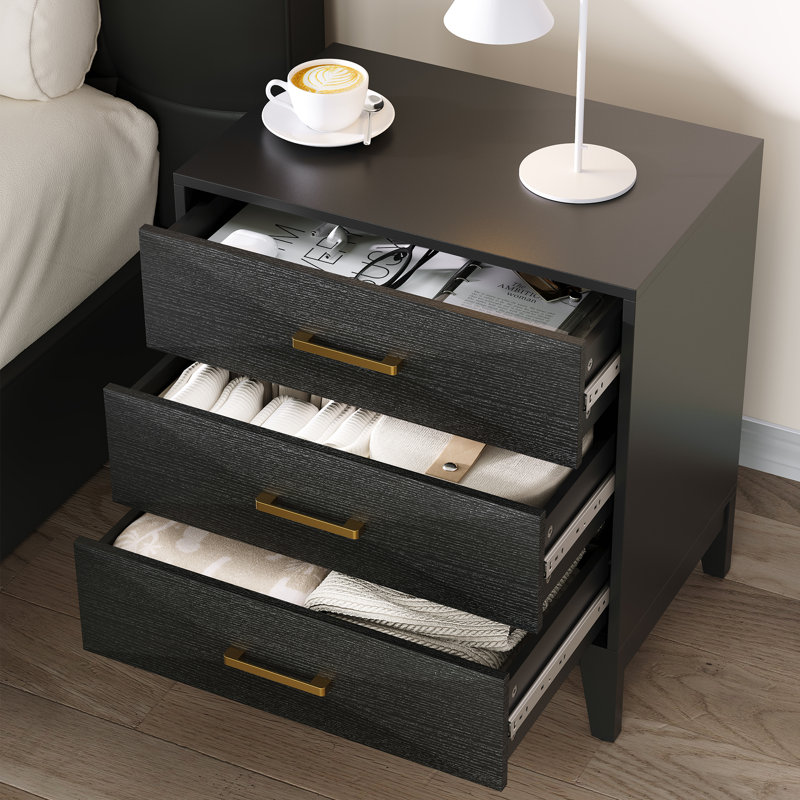 Modern Black 3-Drawer Nightstand with Textured Front, Individual