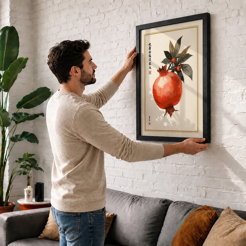 Pomegranate With Leaves Japandi - Print, Black, A4 - 29.7 x 21.0 cm