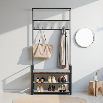 Arbre d'entrée, portemanteau 72 po avec banc à chaussures, range-chaussures autoportant à 2 niveaux avec crochets, tringle à suspendre et tablette grillagée, porte-manteau d'entrée en acier pour l'entrée