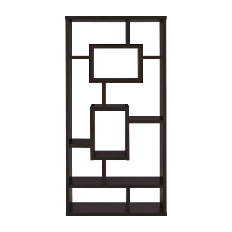 Cappuccino, dix tablettes, bibliothèque, rangement vertical et horizontal, bois d'ingénierie, protection contre le basculement sur 10 tablettes, affichage géométrique, tablettes ouvertes