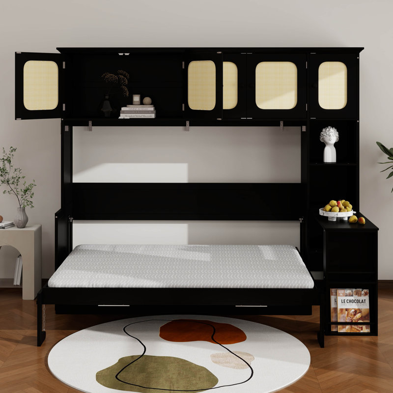Lit escamotable avec armoires en rotin, lit escamotable en bois avec tablettes de rangement et bureau, Noir
