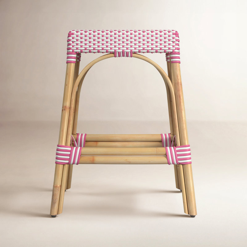 Lennart Counter/Bar Stool, White/Pink Dot/ Natural Rattan Frame, Counter Stool (24.5" Seat Height)