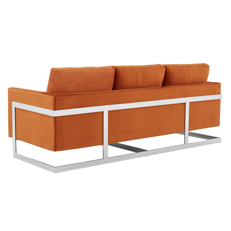 Elegant Velvet & Wood Sofa in Orange Marmalade with Gold Steel Legs
