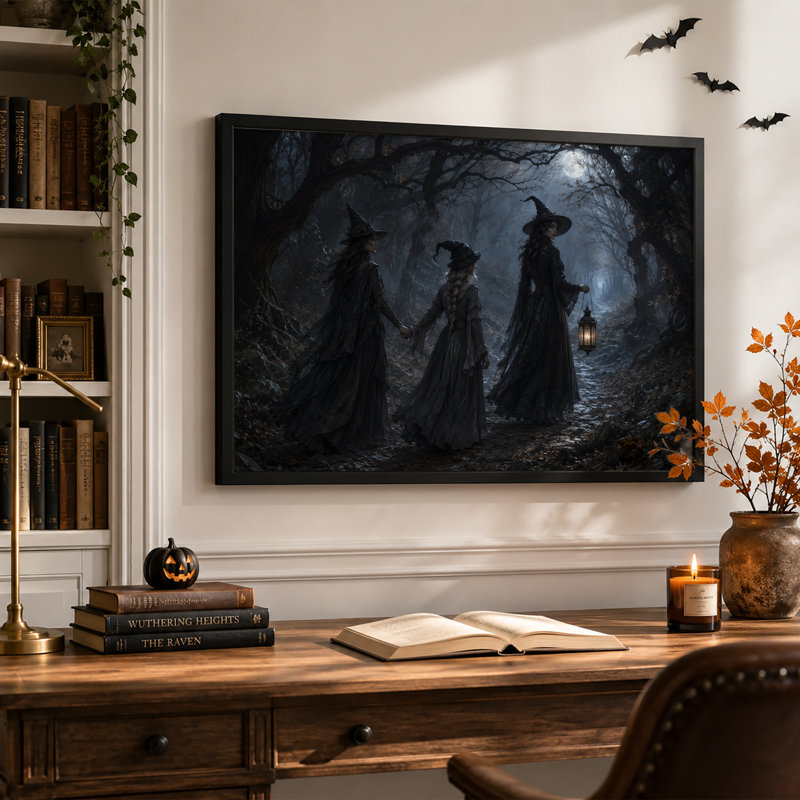 Art mural sur toile, "Trois sorcières marchant dans la forêt brumeuse", 12"H x 18"W