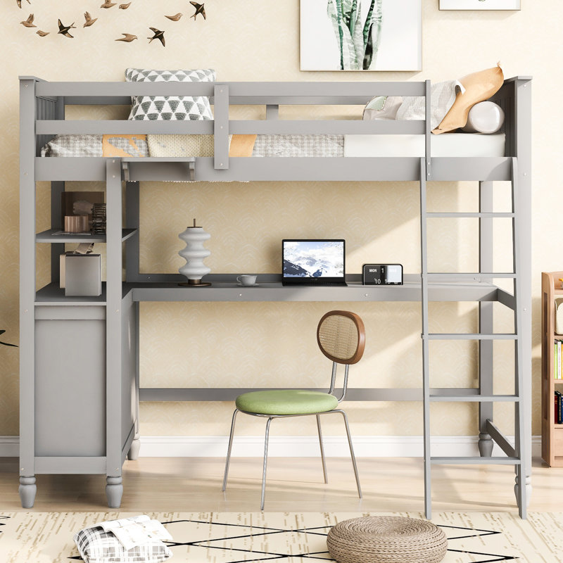Lit mezzanine simple gris avec tablettes et bureau: tiroirs en bois Space Room Solution: Maximisez votre espace de vie, Gris