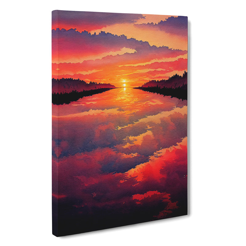 Sunset Lake Watercolour No.5 - Wrapped Canvas Painting, 50cm H x 35cm W x 3cm D