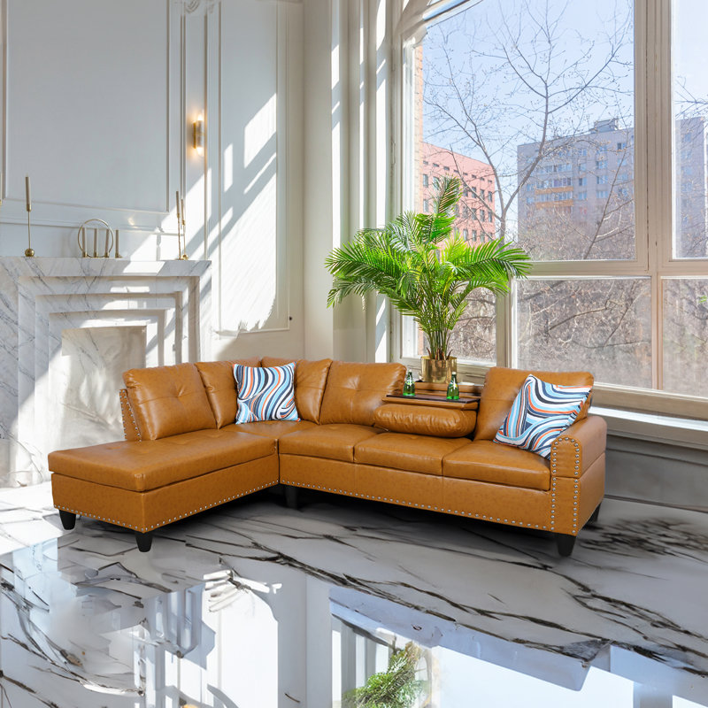 Morgynn Faux Leather L-Shaped Sectional, Left Hand Facing, Ginger Faux Leather